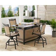 Hanover - Fontana 5pc: 4 Counter Hght Swivel Sling Chairs, Slat Fire Pit Table - Tan/Bronze-United Backyard