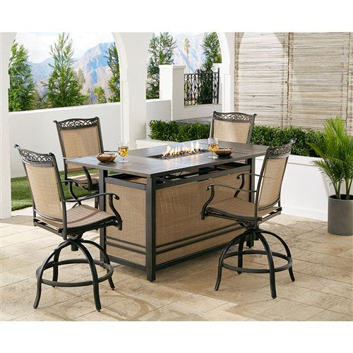 Hanover - Fontana 5pc: 4 Counter Hght Swivel Sling Chairs, Slat Fire Pit Table - Tan/Bronze-United Backyard