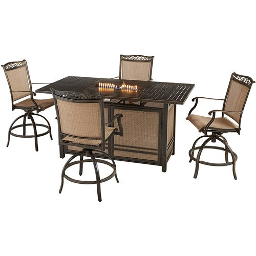 Hanover - Fontana 5pc: 4 Counter Hght Swivel Sling Chairs, Slat Fire Pit Table - Tan/Bronze-United Backyard