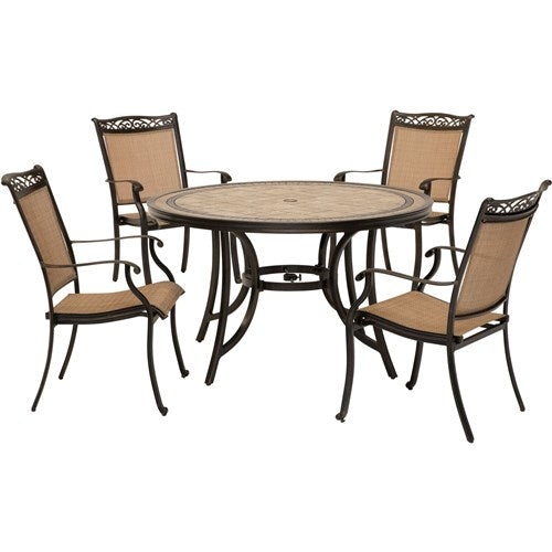 Hanover - Fontana 5pc: 4 Sling Dining Chairs, 51" Round Tile Top Table - Tan Sling/Tile-United Backyard