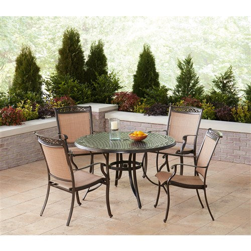 Hanover - Fontana 5pc: 4 Sling Dining Chairs and 48" Cast Table - Tan/Bronze-United Backyard