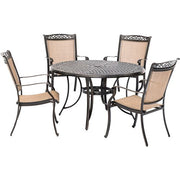 Hanover - Fontana 5pc: 4 Sling Dining Chairs and 48" Cast Table - Tan/Bronze-United Backyard