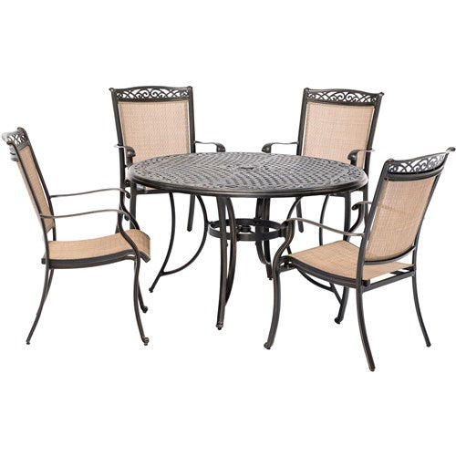 Hanover - Fontana 5pc: 4 Sling Dining Chairs and 48" Cast Table - Tan/Bronze-United Backyard