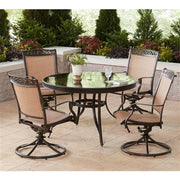 Hanover - Fontana 5pc: 4 Sling Swivel Rockers, 48" Round Glass Top Table - Tan Sling/Glass-United Backyard