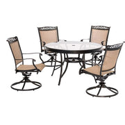 Hanover - Fontana 5pc: 4 Sling Swivel Rockers, 48" Round Glass Top Table - Tan Sling/Glass-United Backyard