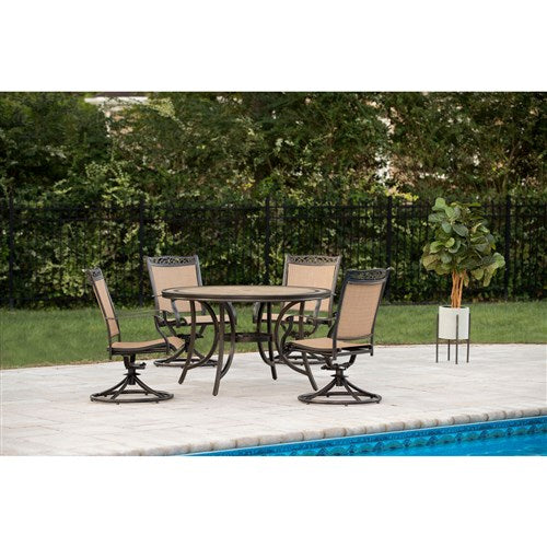 Hanover - Fontana 5pc: 4 Sling Swivel Rockers, 51" Round Tile Top Table - Tan Sling/Tile-United Backyard