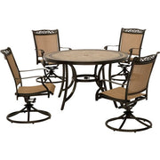 Hanover - Fontana 5pc: 4 Sling Swivel Rockers, 51" Round Tile Top Table - Tan Sling/Tile-United Backyard