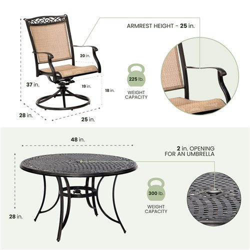 Hanover - Fontana 5pc: 4 Sling Swivel Rockers and 48" Cast Table - Tan/Bronze-United Backyard