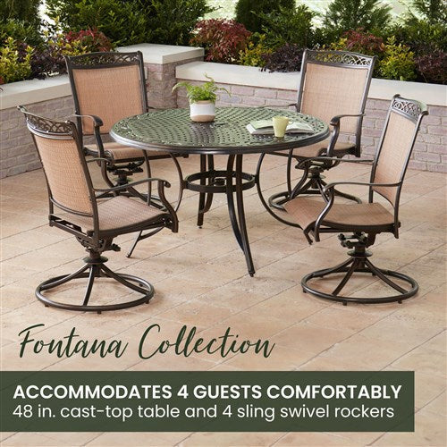 Hanover - Fontana 5pc: 4 Sling Swivel Rockers and 48" Cast Table - Tan/Bronze-United Backyard