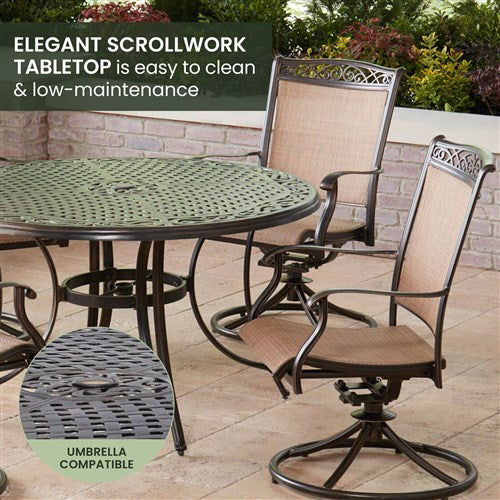 Hanover - Fontana 5pc: 4 Sling Swivel Rockers and 48" Cast Table - Tan/Bronze-United Backyard