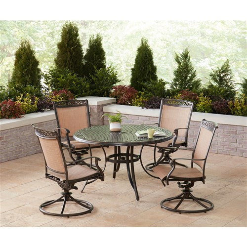 Hanover - Fontana 5pc: 4 Sling Swivel Rockers and 48" Cast Table - Tan/Bronze-United Backyard