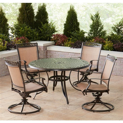 Hanover - Fontana 5pc: 4 Sling Swivel Rockers and 48" Cast Table - Tan/Bronze-United Backyard