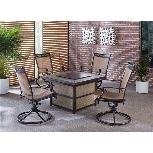 Hanover - Fontana 5pc Fire Pit: 4 Sling Swivel Rockers, Square KD Fire Pit w/Tile - Tan Sling/Tile-United Backyard