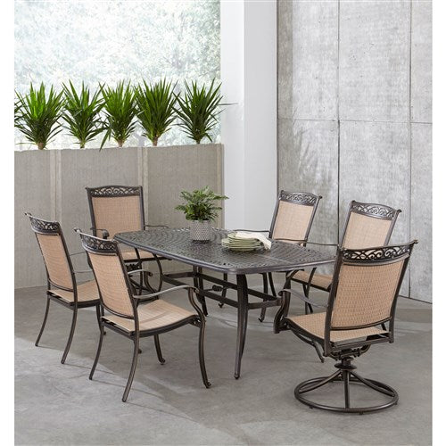 Hanover - Fontana 7pc: 4 Dining Chairs, 2 Swivel Rockers, 38"x72" Cast Table - Tan/Bronze-United Backyard