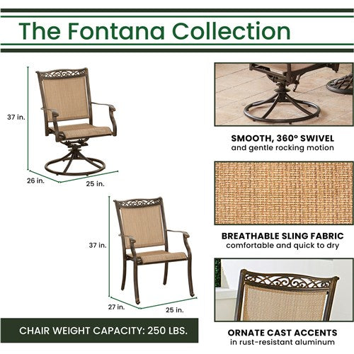 Hanover - Fontana 7pc: 4 Sling Chrs, 2 Sling Swivel Rockers, 40x68" Tile Table, Umbrella, Base - Tan Sling/Tile-United Backyard