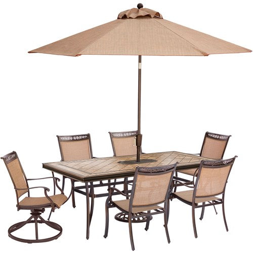 Hanover - Fontana 7pc: 4 Sling Chrs, 2 Sling Swivel Rockers, 40x68" Tile Table, Umbrella, Base - Tan Sling/Tile-United Backyard