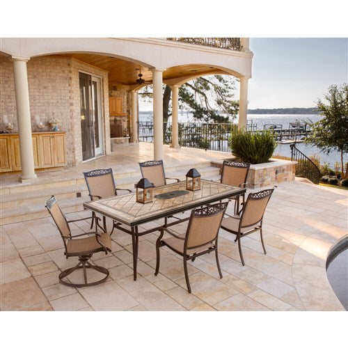 Hanover - Fontana 7pc: 4 Sling Dining Chairs, 2 Sling Swivel Rockers, 40x68" Tile Table- Tan Sling/Tile-United Backyard