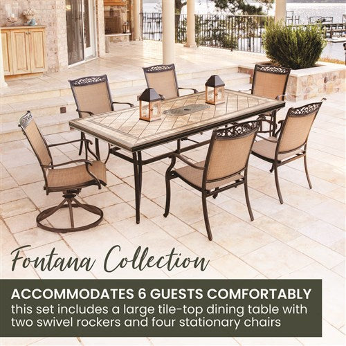 Hanover - Fontana 7pc: 4 Sling Dining Chairs, 2 Sling Swivel Rockers, 40x68" Tile Table- Tan Sling/Tile-United Backyard