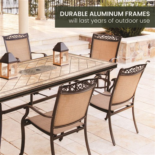 Hanover - Fontana 7pc: 4 Sling Dining Chairs, 2 Sling Swivel Rockers, 40x68" Tile Table- Tan Sling/Tile-United Backyard