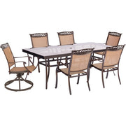 Hanover - Fontana 7pc: 4 Sling Dining Chairs, 2 Sling Swivel Rockers, 42x84" Table - Tan Sling/Glass-United Backyard