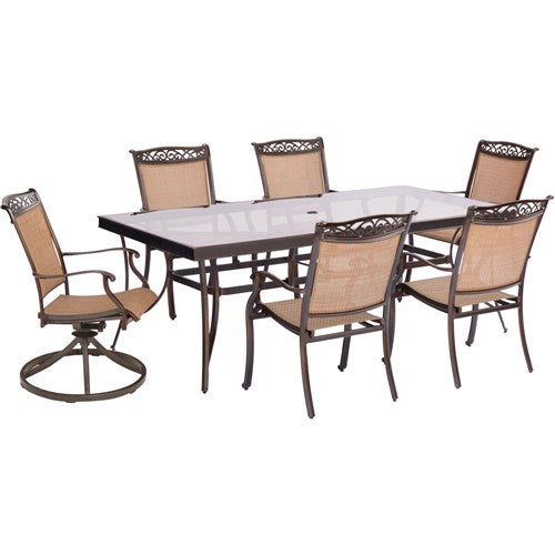 Hanover - Fontana 7pc: 4 Sling Dining Chairs, 2 Sling Swivel Rockers, 42x84" Table - Tan Sling/Glass-United Backyard