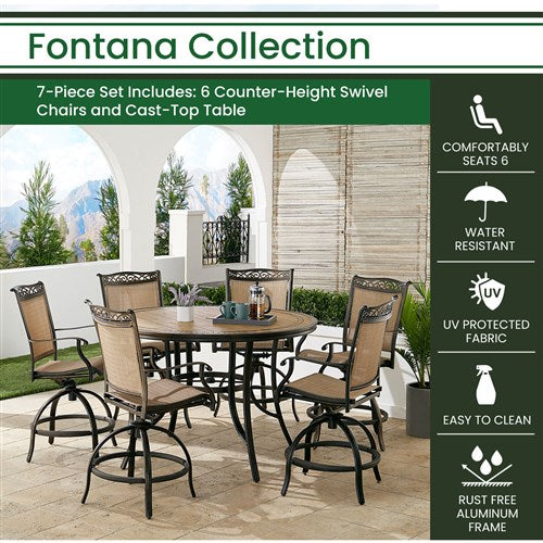 Hanover - Fontana 7pc: 6 Counter Height Swivel Sling Chairs, 56" Round Tile Table- Tan/Bronze-United Backyard