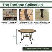 Hanover - Fontana 7pc: 6 Counter Height Swivel Sling Chairs, 56" Round Tile Table- Tan/Bronze-United Backyard