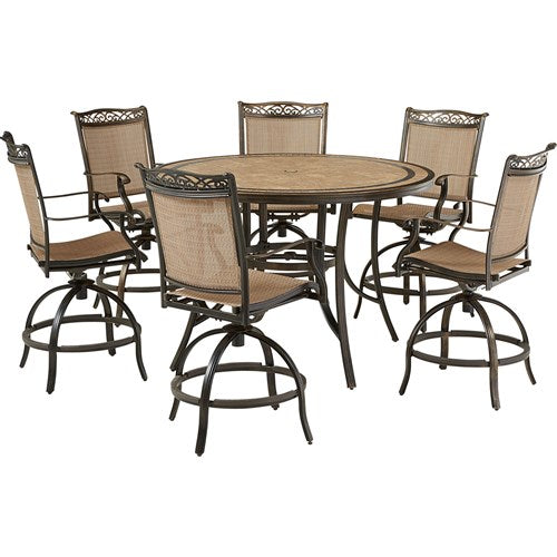 Hanover - Fontana 7pc: 6 Counter Height Swivel Sling Chairs, 56" Round Tile Table- Tan/Bronze-United Backyard