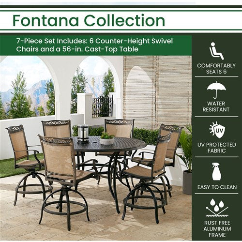 Hanover - Fontana 7pc: 6 Counter Height Swivel Sling Chrs, 56" Round Cast Table- Tan/Bronze-United Backyard