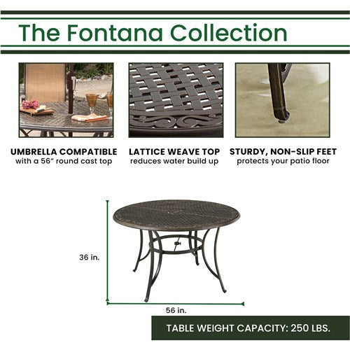 Hanover - Fontana 7pc: 6 Counter Height Swivel Sling Chrs, 56" Round Cast Table- Tan/Bronze-United Backyard