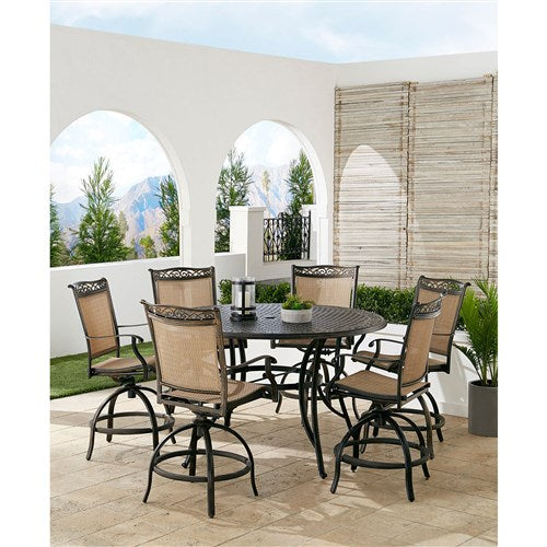 Hanover - Fontana 7pc: 6 Counter Height Swivel Sling Chrs, 56" Round Cast Table- Tan/Bronze-United Backyard