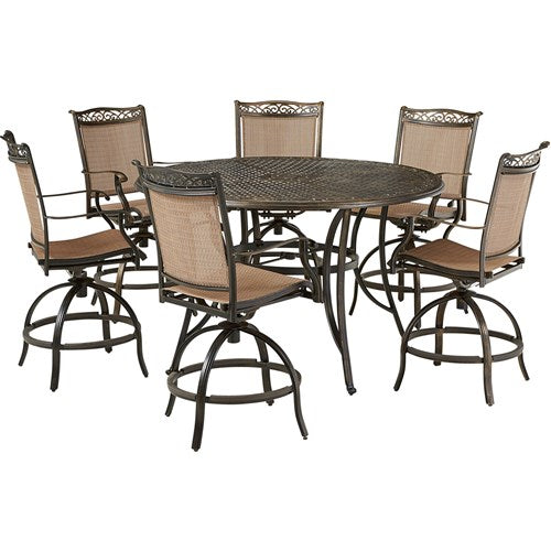 Hanover - Fontana 7pc: 6 Counter Height Swivel Sling Chrs, 56" Round Cast Table- Tan/Bronze-United Backyard