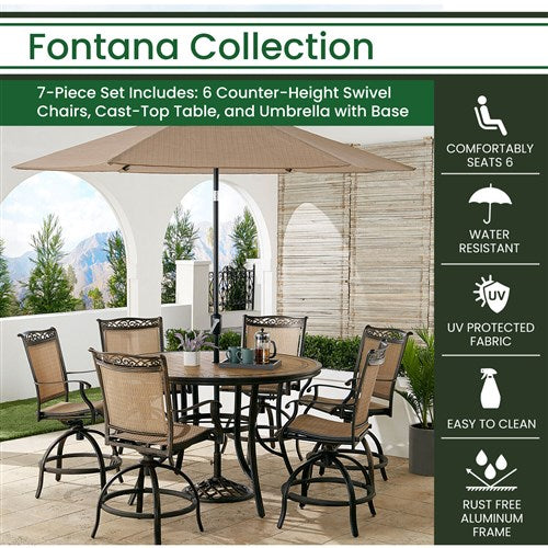 Hanover - Fontana 7pc: 6 Counter Hght Swivel Sling Chairs, 56" Tile Table, Umbrella, Base - Tan/Bronze-United Backyard