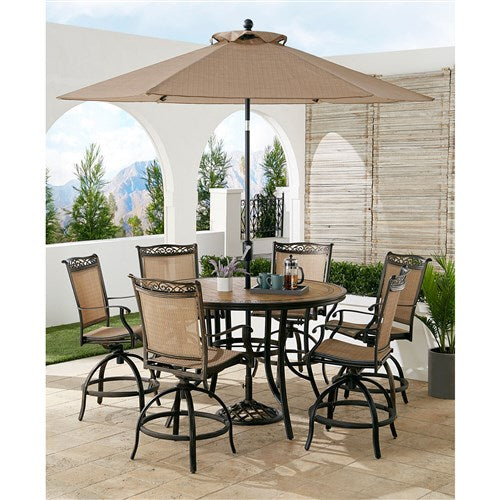 Hanover - Fontana 7pc: 6 Counter Hght Swivel Sling Chairs, 56" Tile Table, Umbrella, Base - Tan/Bronze-United Backyard