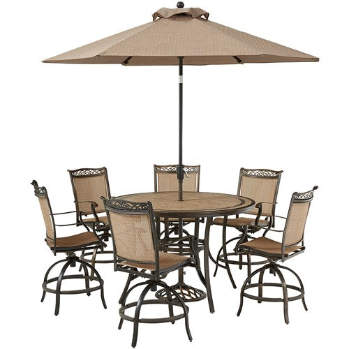 Hanover - Fontana 7pc: 6 Counter Hght Swivel Sling Chairs, 56" Tile Table, Umbrella, Base - Tan/Bronze-United Backyard