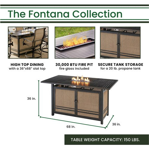 Hanover - Fontana 7pc: 6 Counter Hght Swivel Sling Chairs, Slat Fire Pit Table - Tan/Bronze-United Backyard