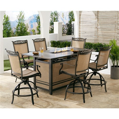 Hanover - Fontana 7pc: 6 Counter Hght Swivel Sling Chairs, Slat Fire Pit Table - Tan/Bronze-United Backyard