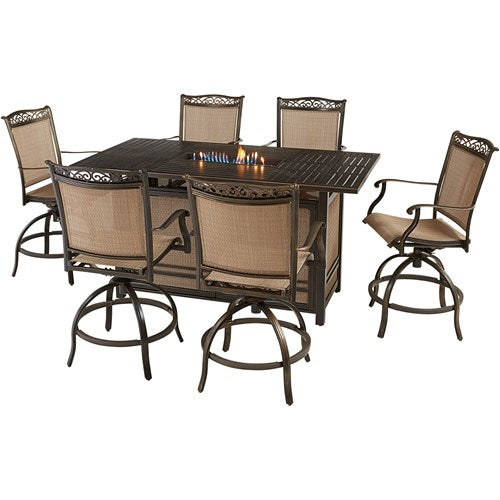 Hanover - Fontana 7pc: 6 Counter Hght Swivel Sling Chairs, Slat Fire Pit Table - Tan/Bronze-United Backyard