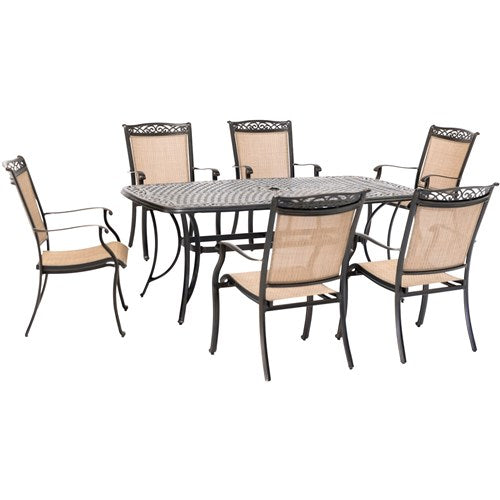 Hanover - Fontana 7pc: 6 Dining Chairs and 38"x72" Cast Table - Tan/Bronze-United Backyard