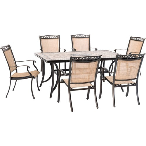 Hanover - Fontana 7pc: 6 Sling Dining Chairs, 40x68" Tile Top Table - Tan Sling/Tile-United Backyard