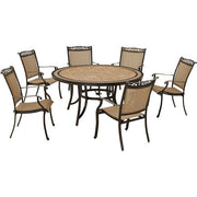 Hanover - Fontana 7pc: 6 Sling Dining Chairs, 60" Round Tile Table - Tan/Bronze-United Backyard