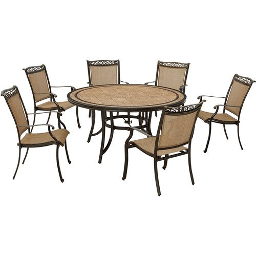 Hanover - Fontana 7pc: 6 Sling Dining Chairs, 60" Round Tile Table - Tan/Bronze-United Backyard