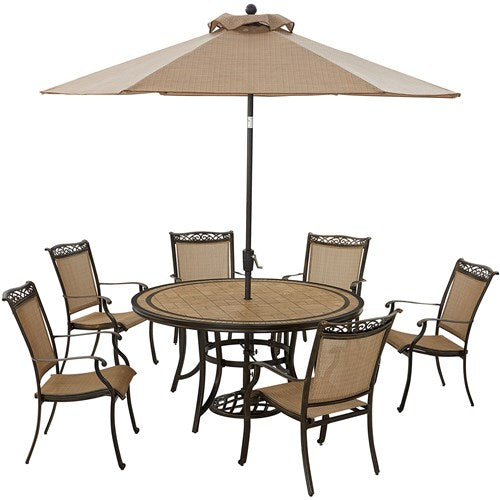 Hanover - Fontana 7pc: 6 Sling Dining Chairs, 60" Round Tile Table, Umbrella, Base - Tan/Bronze-United Backyard