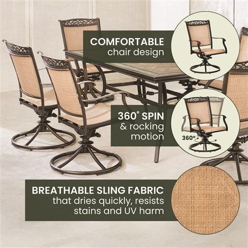 Hanover - Fontana 7pc: 6 Sling Swivel Rockers, 40x68" Tile Top Table - Tan Sling/Tile-United Backyard