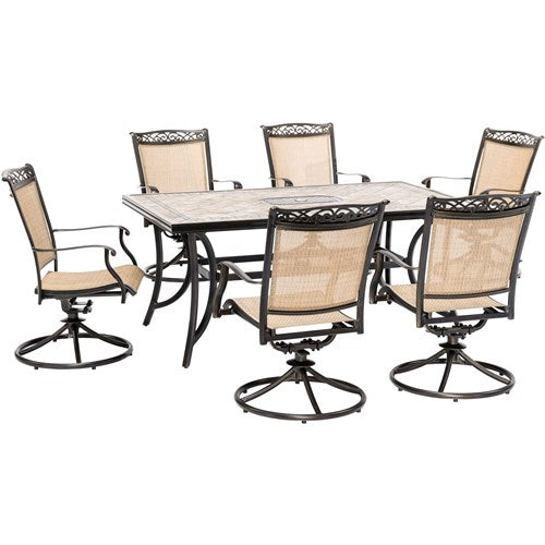 Hanover - Fontana 7pc: 6 Sling Swivel Rockers, 40x68" Tile Top Table - Tan Sling/Tile-United Backyard