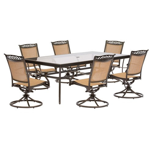 Hanover - Fontana 7pc: 6 Sling Swivel Rockers, 42x84" Glass Top Table - Tan Sling/Glass-United Backyard