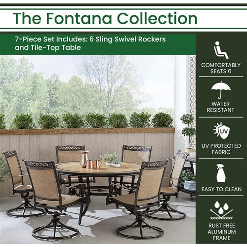 Hanover - Fontana 7pc: 6 Sling Swivel Rockers, 60" Round Tile Table - Tan/Bronze-United Backyard