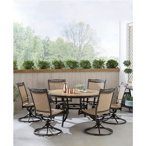Hanover - Fontana 7pc: 6 Sling Swivel Rockers, 60" Round Tile Table - Tan/Bronze-United Backyard