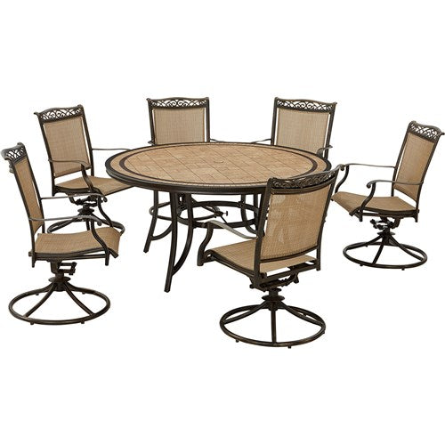 Hanover - Fontana 7pc: 6 Sling Swivel Rockers, 60" Round Tile Table - Tan/Bronze-United Backyard