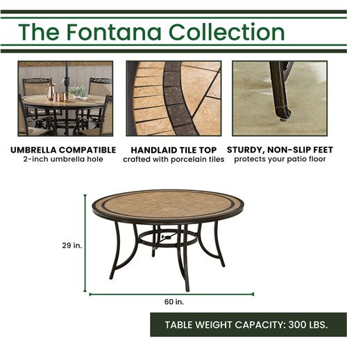 Hanover - Fontana 7pc: 6 Sling Swivel Rockers, 60" Round Tile Table, Umbrella, Base - Tan/Bronze-United Backyard